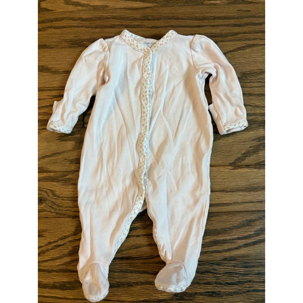 Ralph Lauren Onsie‎ Long Sleeve Snap Floral-Trim Footed Coverall 3 months White